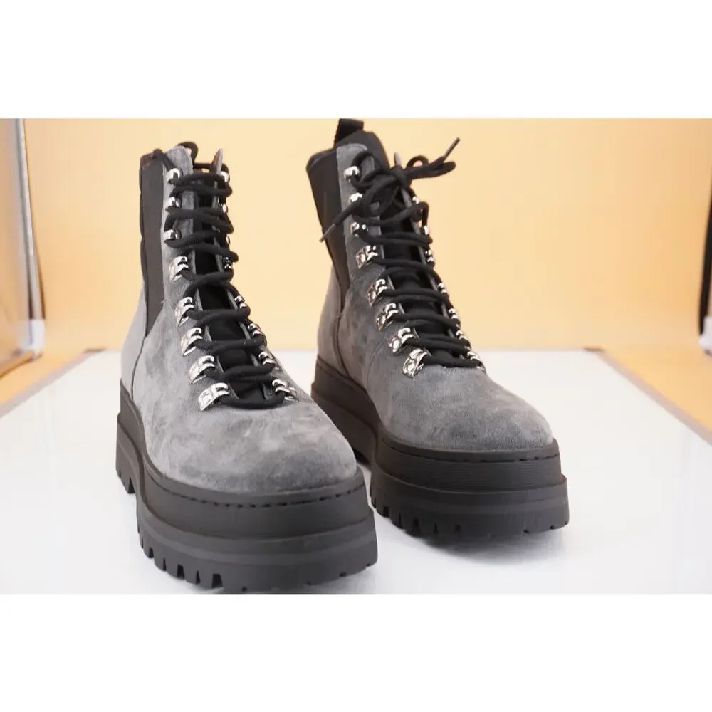 Marc Fisher Plune Lace-Up Lug Sole Bootiet SZ 8.5 biker Lugg Grey Suede $250